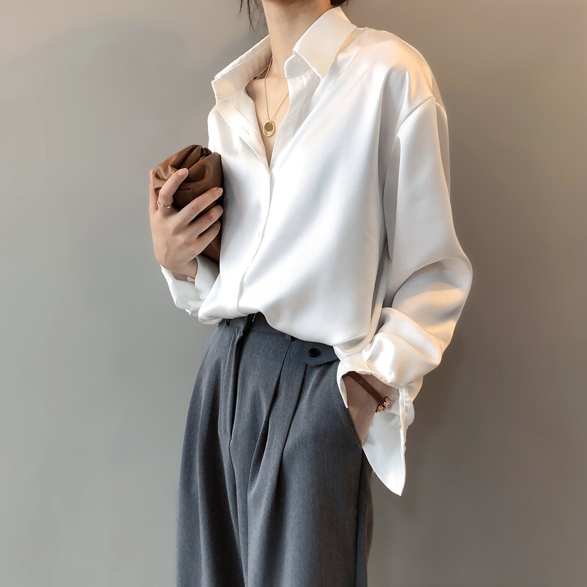 Satin Korean Style Loose And Thin Long Sleeve Lapel Shirt Women