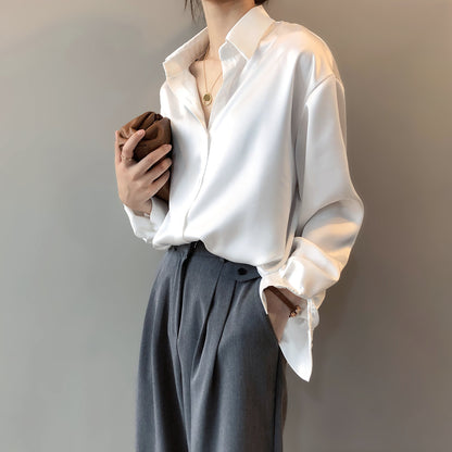 Satin Korean Style Loose And Thin Long Sleeve Lapel Shirt Women