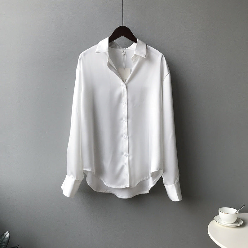 Satin Korean Style Loose And Thin Long Sleeve Lapel Shirt Women