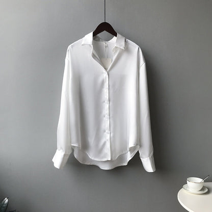 Satin Korean Style Loose And Thin Long Sleeve Lapel Shirt Women
