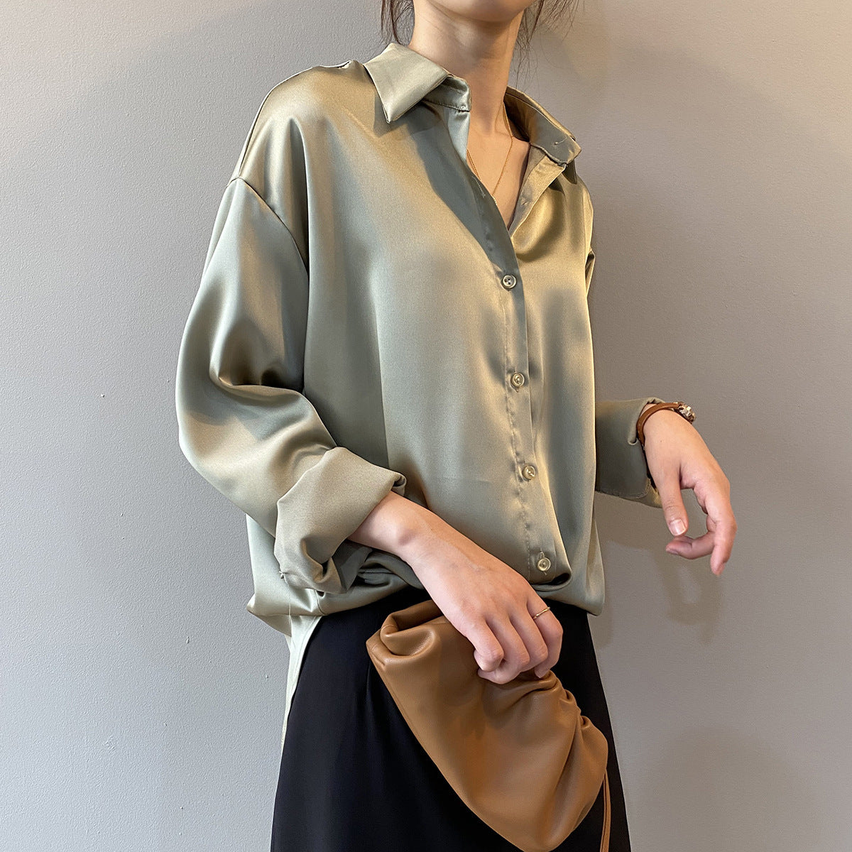 Satin Korean Style Loose And Thin Long Sleeve Lapel Shirt Women