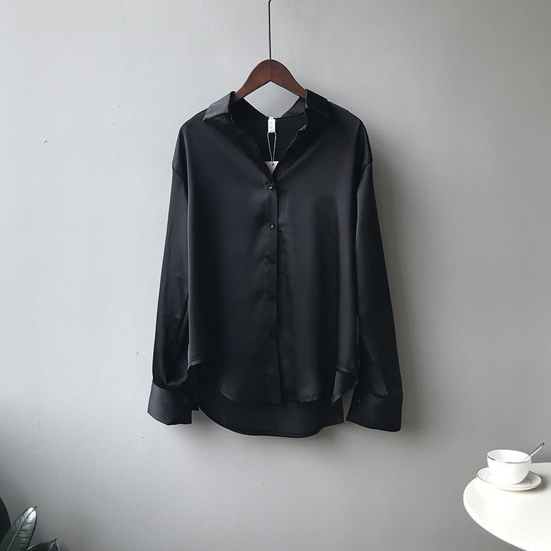 Satin Korean Style Loose And Thin Long Sleeve Lapel Shirt Women