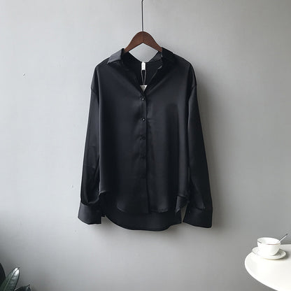 Satin Korean Style Loose And Thin Long Sleeve Lapel Shirt Women