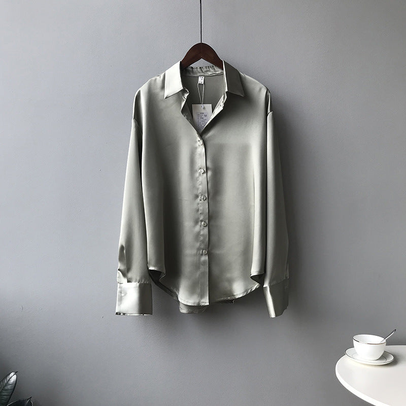 Satin Korean Style Loose And Thin Long Sleeve Lapel Shirt Women