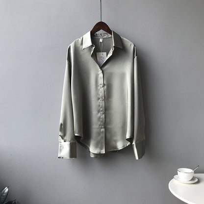 Satin Korean Style Loose And Thin Long Sleeve Lapel Shirt Women