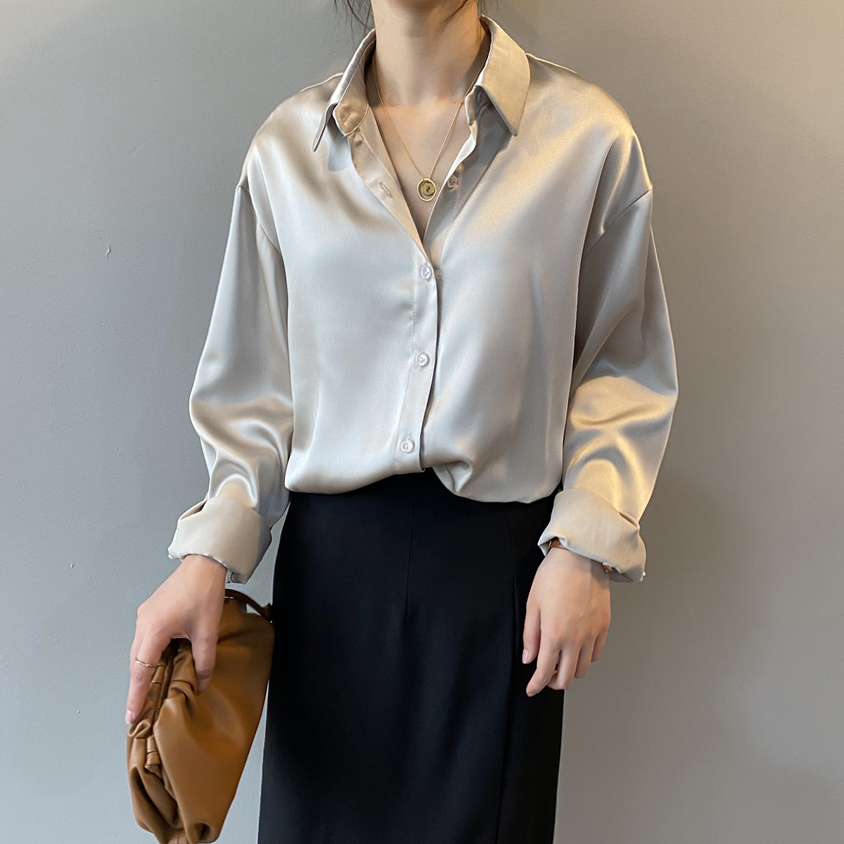 Satin Korean Style Loose And Thin Long Sleeve Lapel Shirt Women