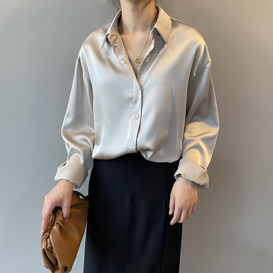 Satin Korean Style Loose And Thin Long Sleeve Lapel Shirt Women
