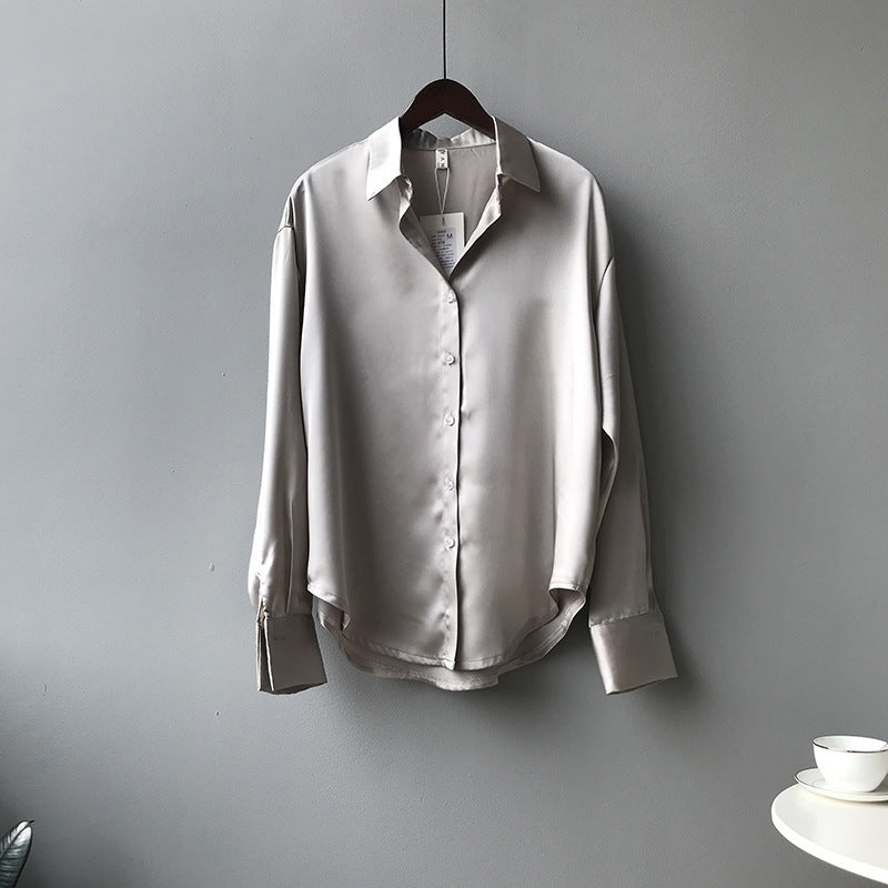 Satin Korean Style Loose And Thin Long Sleeve Lapel Shirt Women