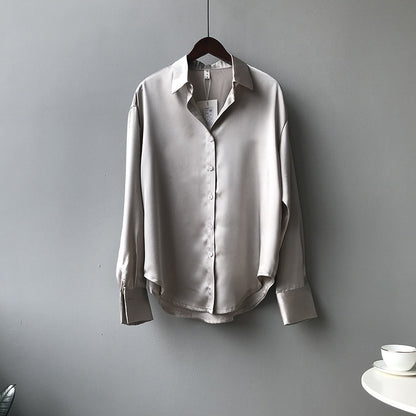 Satin Korean Style Loose And Thin Long Sleeve Lapel Shirt Women